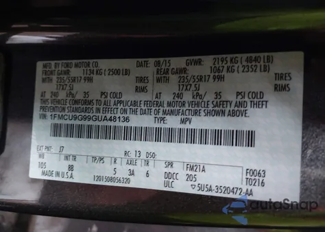 2016 Ford Escape Se из США, поврежденный, VIN 1FMCU9G99GUA48136